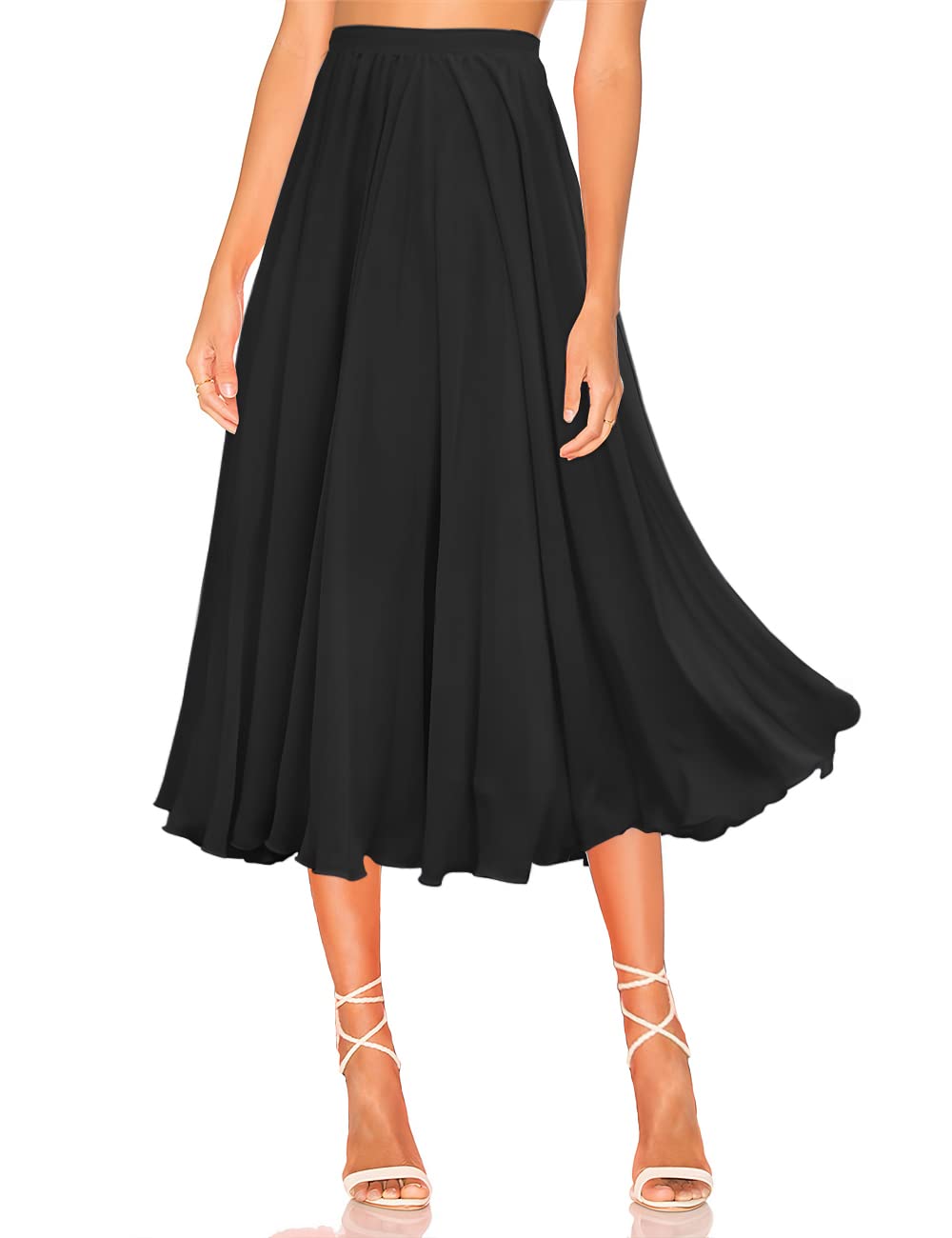 V28 Women Midi Tea Length Elastic Pleated Retro A Line Chiffon Long Skirt(Xs,Black T Length)