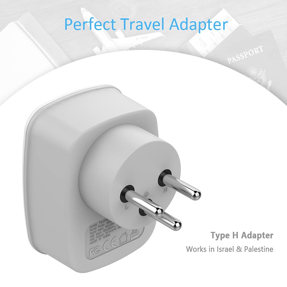 Tessan Israel Power Adapter, Type H 3 Prong Grounded Travel Plug Adaptor With 2 Usb Phone Charger 1 American Outlet For Us To Is