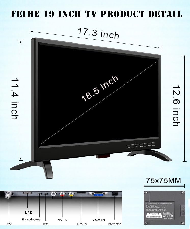 Feihe 19 Inch Tv, Fhd Led Flat Screen Tv 1080P Ips Display W/Digital Dual Tuners Atsc/Hdmi/Vga/Av/Usb, 12 Volt Rv Tv Built In Du