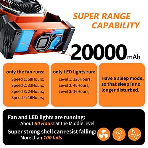 Camping Led Fan With Light,20000Mah Rechargeable Battery Powered Outdoor Tent Fan With Light And Hook, 4 Speed, Personal Usb Des