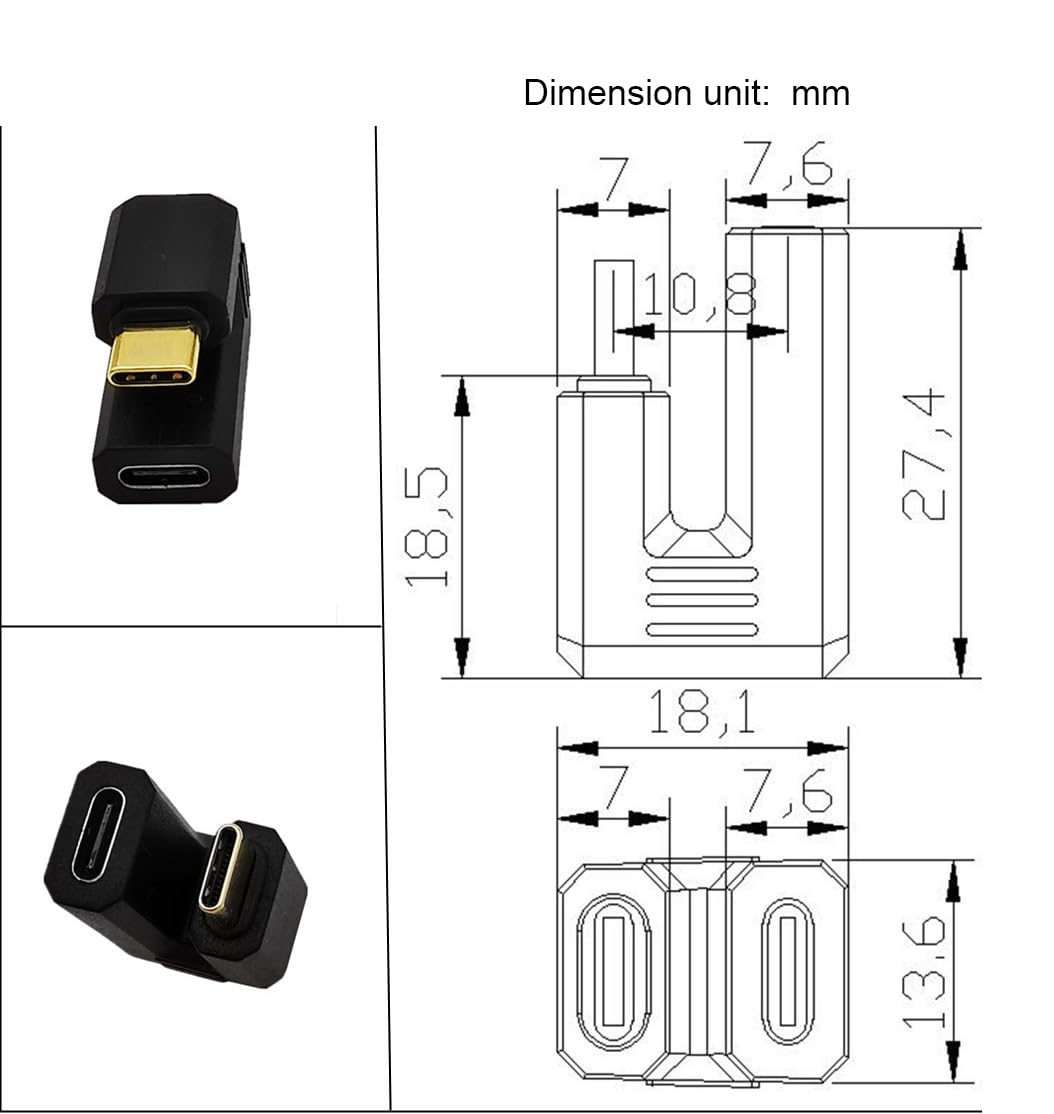 Qaoquda Usb C U Shape Adapter, 180 Degree Angled Usb 3.1 Type C (Usb C) Male To Female U Shape Adapter 4K60Hz Resolution 10Gbps