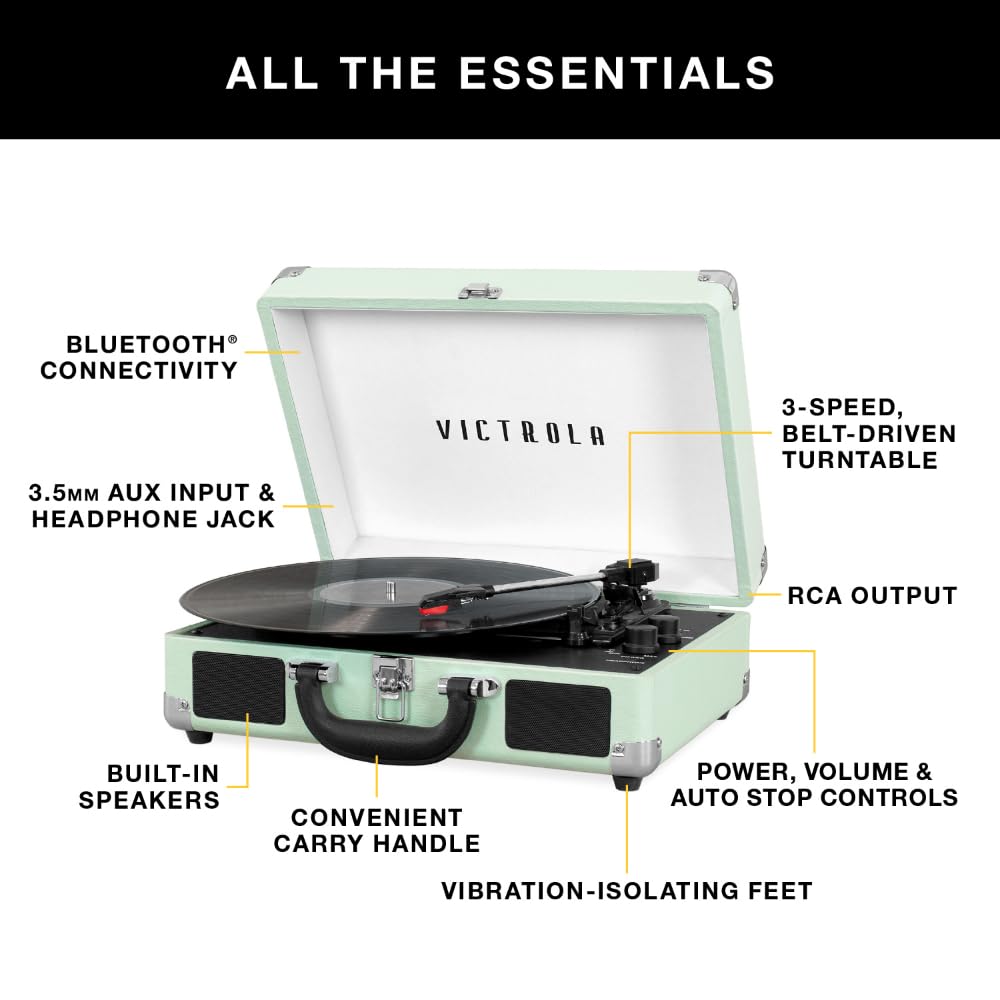 Victrola Journey Bluetooth Portable Suitcase Record Player - With Built-In Speakers, 3 Speed Vinyl Record Player, Rca Out, Headp