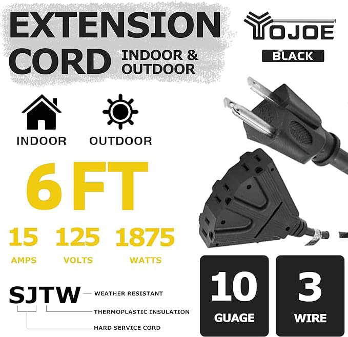 Yojoe 3 Outlets Indoor Outdoor Extension Cord, 3 Prong 15A Weatherproof Power Cord Multiple Outlets, 10 Gauge Heavy Duty 6 Ft Bl
