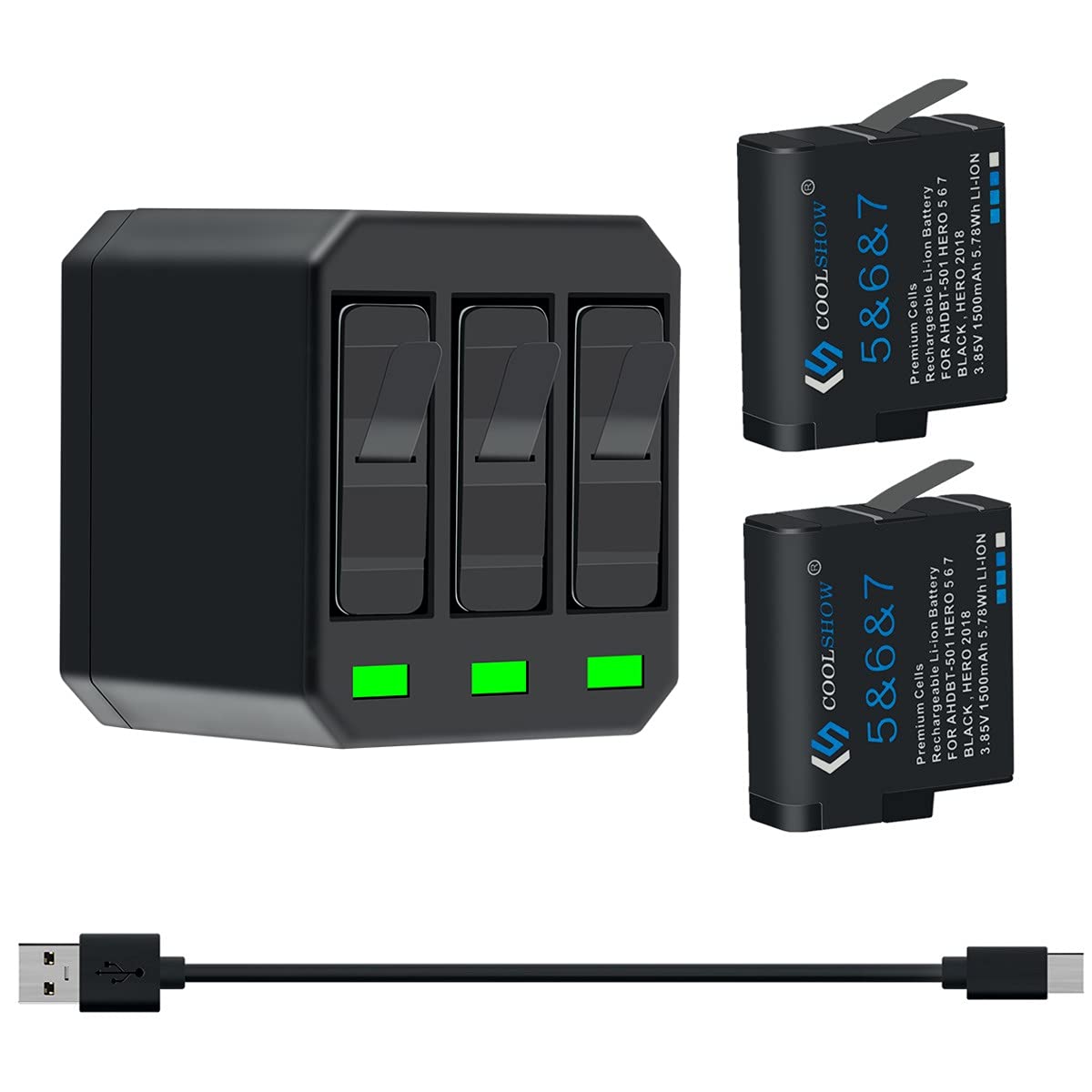 Coolshow Hero 7 6 5 Battery Replacement (2 Packs) And Triple Hero 7 Charger Compatible With Gopro Hero 7 Black,Hero 6 Black, Her