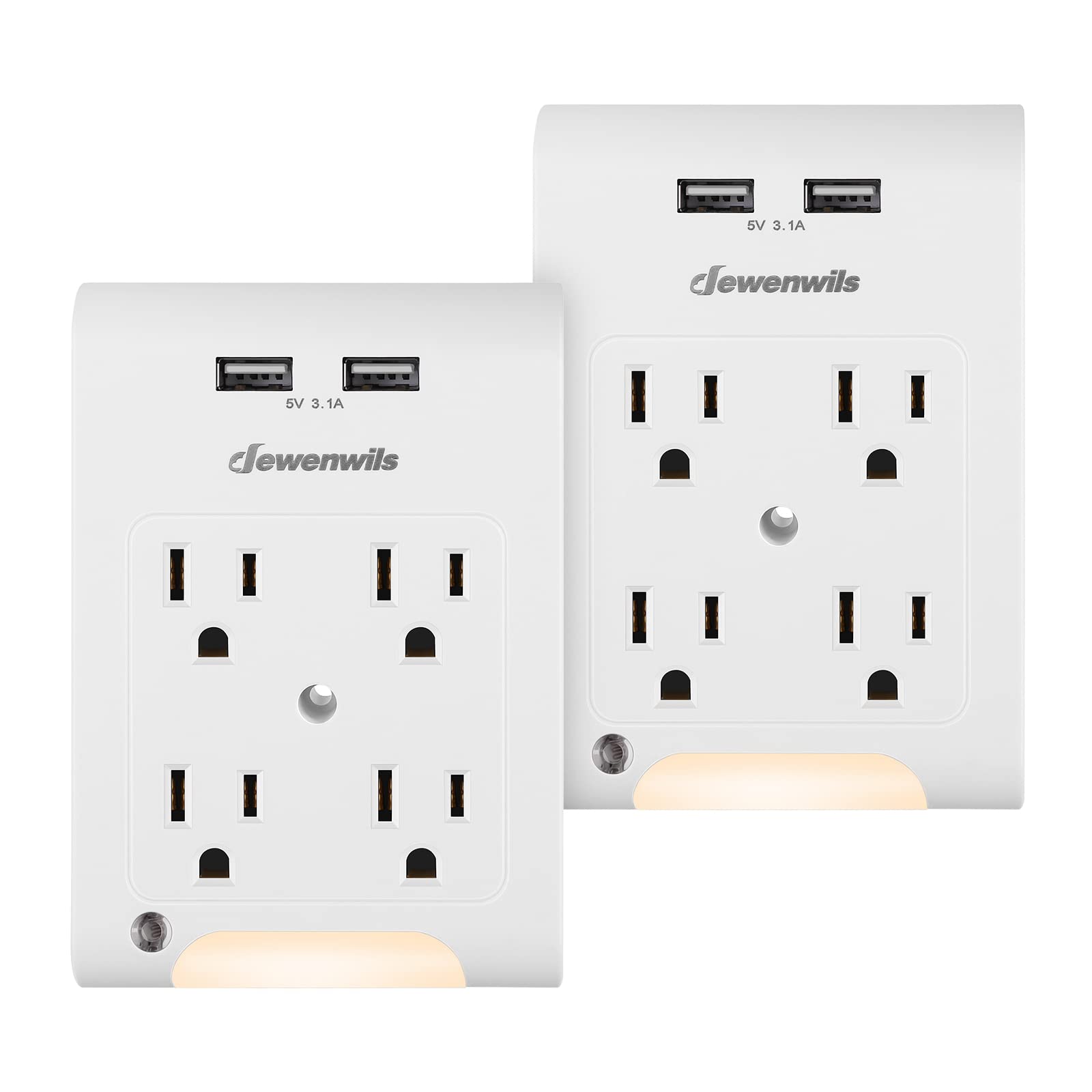 Dewenwils Multi Plug Outlet 2 Pack, 4 Outlet Extender With 2 Usb Ports, Light Sensor Night Light, 1080 Joules Surge Protector, E