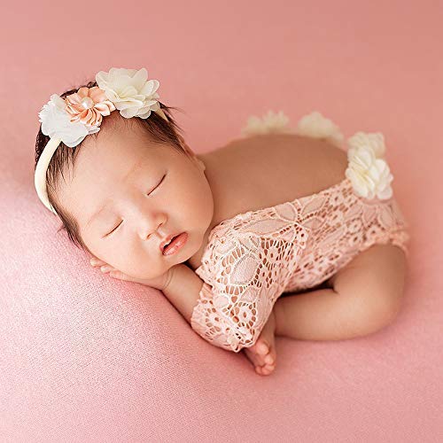 Newborn Lace Romper, 2 Pcs Baby Girl Photography Props, Newborn Girl Photography Outfits With Flower Headband For Infants (Pink)