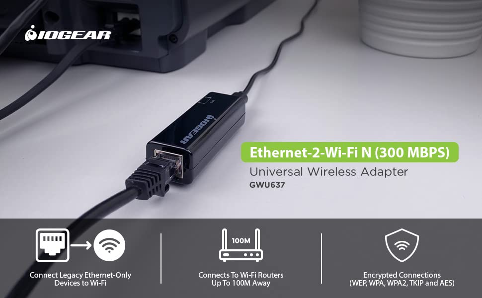 Iogear Universal Ethernet To Wi-Fi N Adapter - Speeds Of Up To 300Mbps On 2.4Ghz - Push-Button Wi-Fi Protected Setup (Wps) - Sup