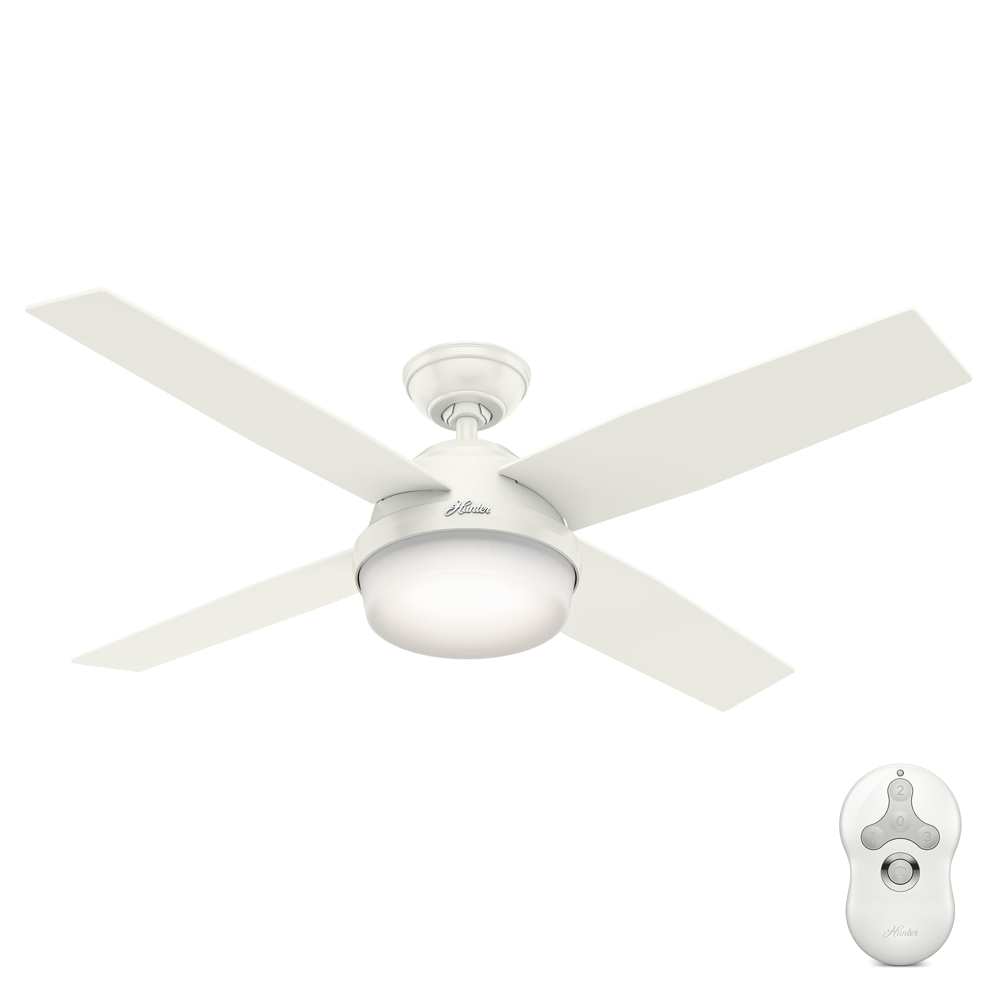 Hunter 52 inch Outdoor or Indoor Ceiling Fan with LED Light and Remote Control - White Ceiling Fan, Standard Mount, 4 Blades, Fo
