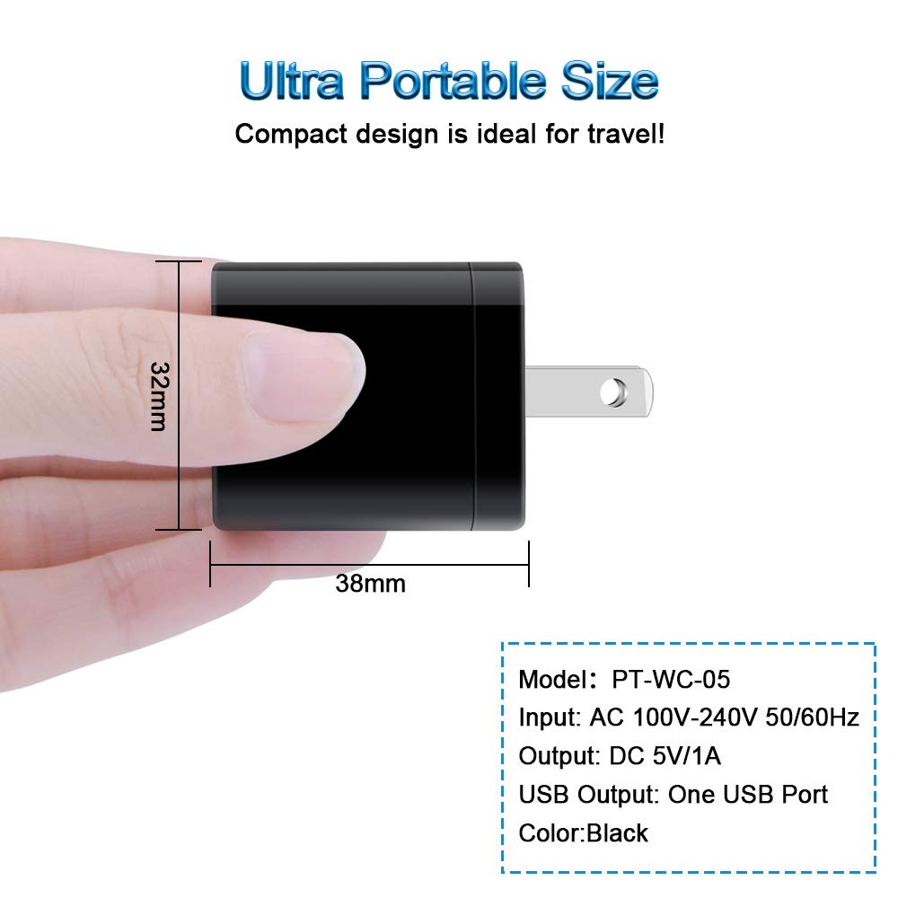Wall Charger Cube,1A/5V Single Port Usb Wall Plug 3 Pack Travel Black Charging Block Box Adapter Compatible Iphone,Samsung Galax