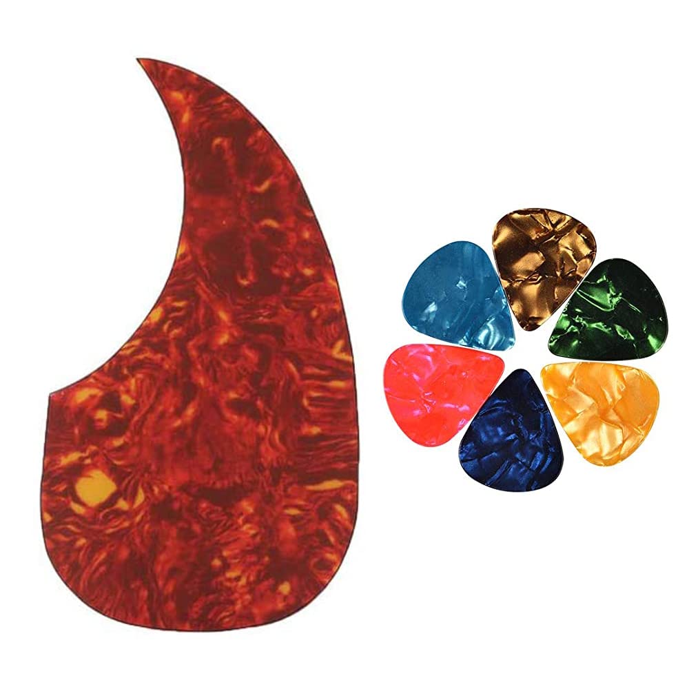 Flare Acoustic Guitar Pickguard (Red) | SelfAdhesive AntiScratch Guard Plate With 5 Free Picks | Universal Replacement For Aco