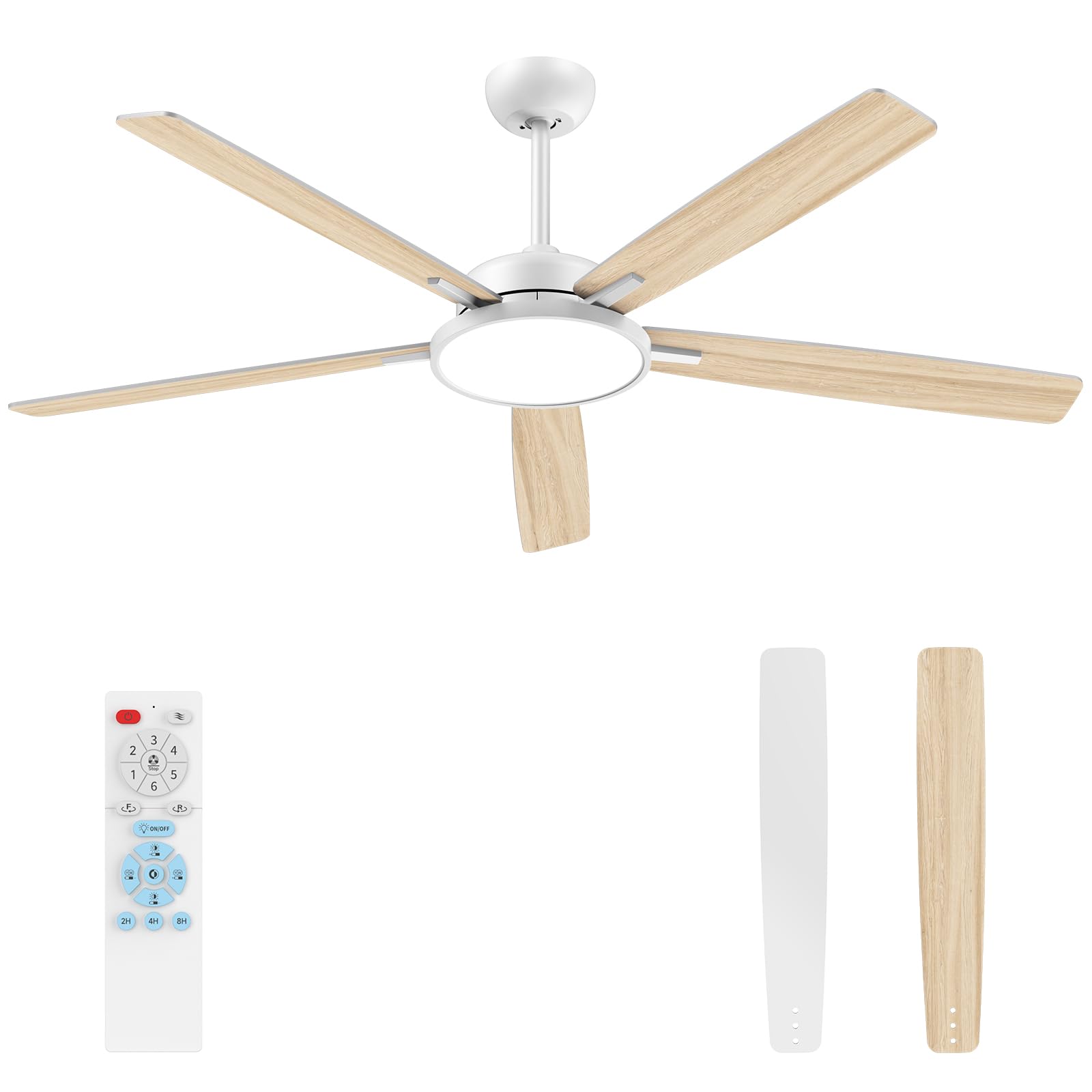 TALOYA Large Ceiling Fans with Lights and Remote, Reversible Quiet DC Motor, 6 Speeds, 3CCT, Dimmable, 62 inch White Modern Ceil
