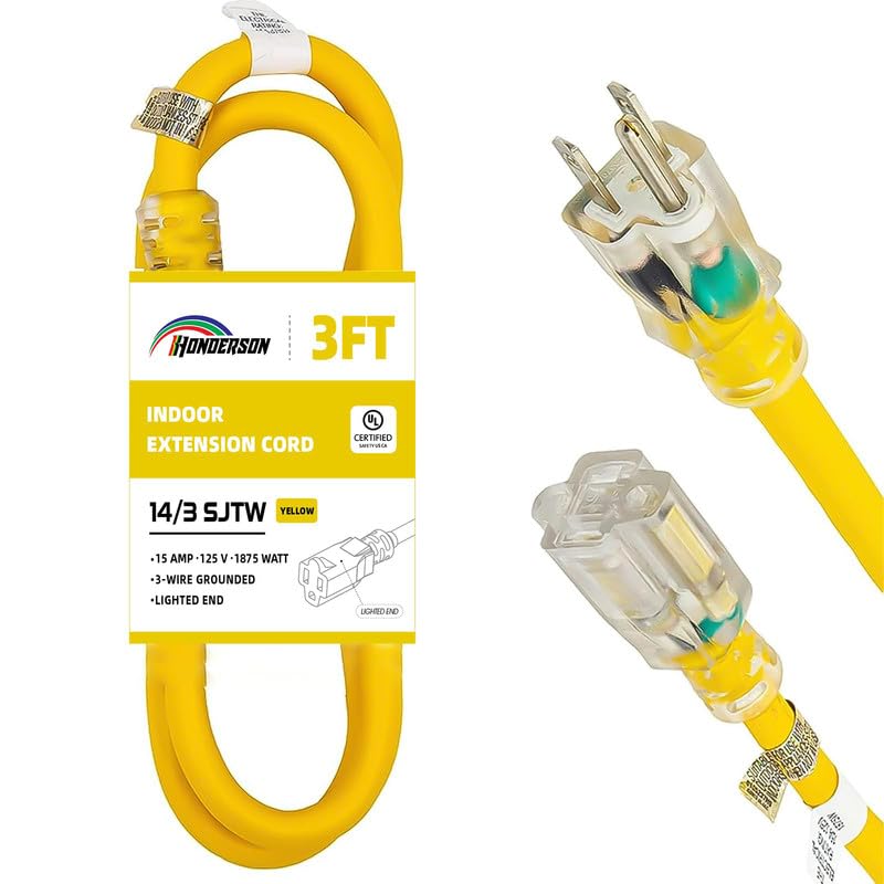 Honderson Indoor Outdoor Extension Cord Weatherproof With Lighted End, Ul Listed, 14 Gauge 3Ft Yellow 3 Prong Heavy Duty Extensi