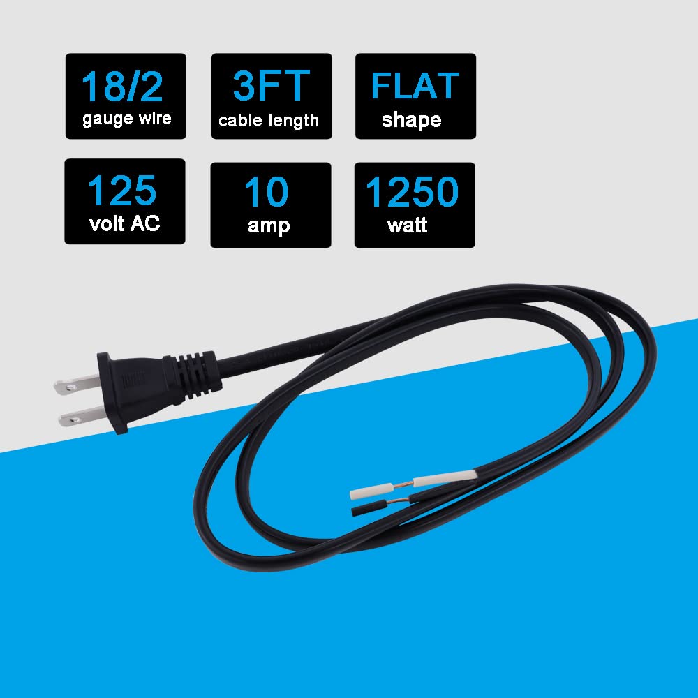 Ac Power Cord Pigtail 2 Prong 18Awg, Replacement Power Cord Cable 120V Ac Wall Plug, 3Ft Polarized Cord Cable Black, Open End Po
