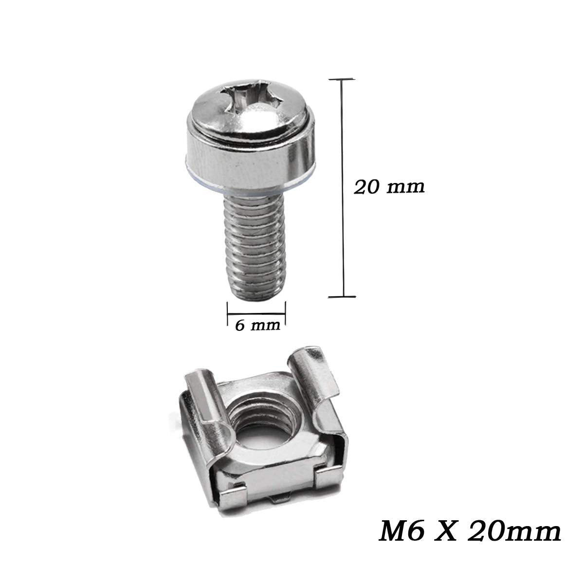 Wang Data 100 Sets M6 Square Hole Hardware Cage Nuts & Mounting Screws Washers For Server Rack And Cabinet (M6 X 20Mm)(Screw+Was