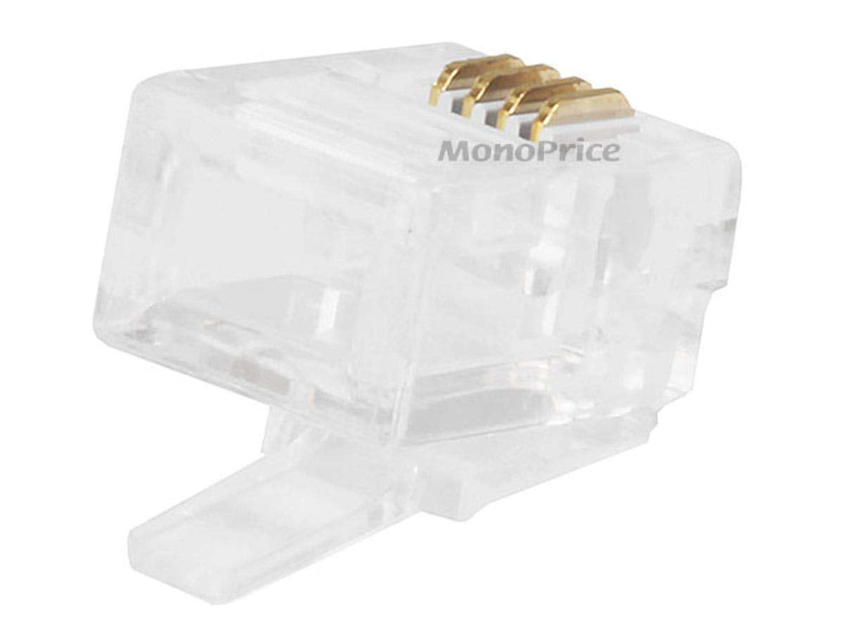 Monoprice 6P4C Rj11 Modular Plugs   For Flat Solid/Stranded Cable, 1U, 2 Prongs, 50 Pack, Clear