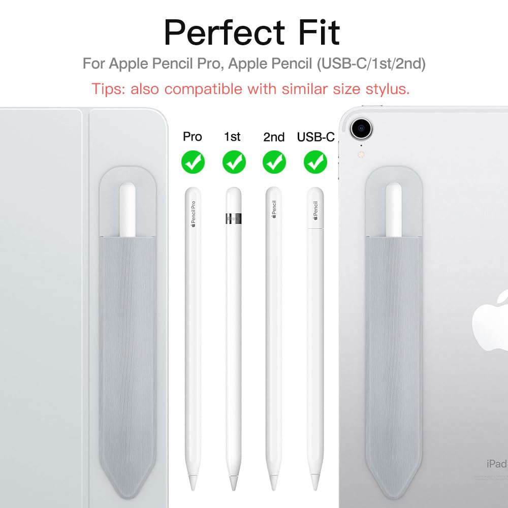 MoKo Pencil Holder Sticker Fit Apple Pencil Pro, Apple Pencil (USB C), Apple Pencil 1st/2nd Generation, Elastic Pencil Pocket Pouch Adhesive Sleeve Attached to iPad Case for Stylus Pens,Silver Gray