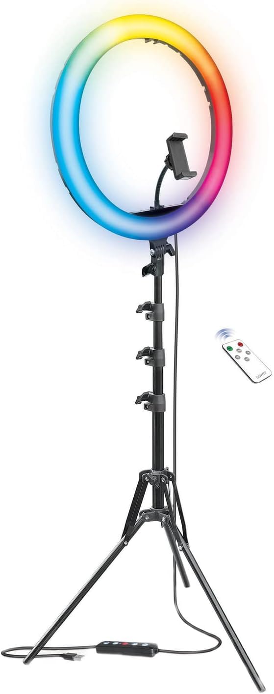 Bower Ring Light with Stand. 16 inch RGB LED Light, 62 inch Tripod Phone Holder, Wireless Remote, 16 Special Effects/9 Colors/3 Whit
