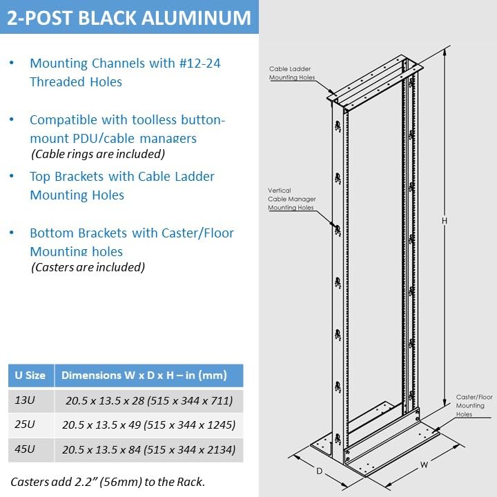 Aeons 45U 2 Post Open Frame Server Network Relay Rack For 19 Inch Networking Data & It Devices A/V Equipment, Durable 2 Post Rac