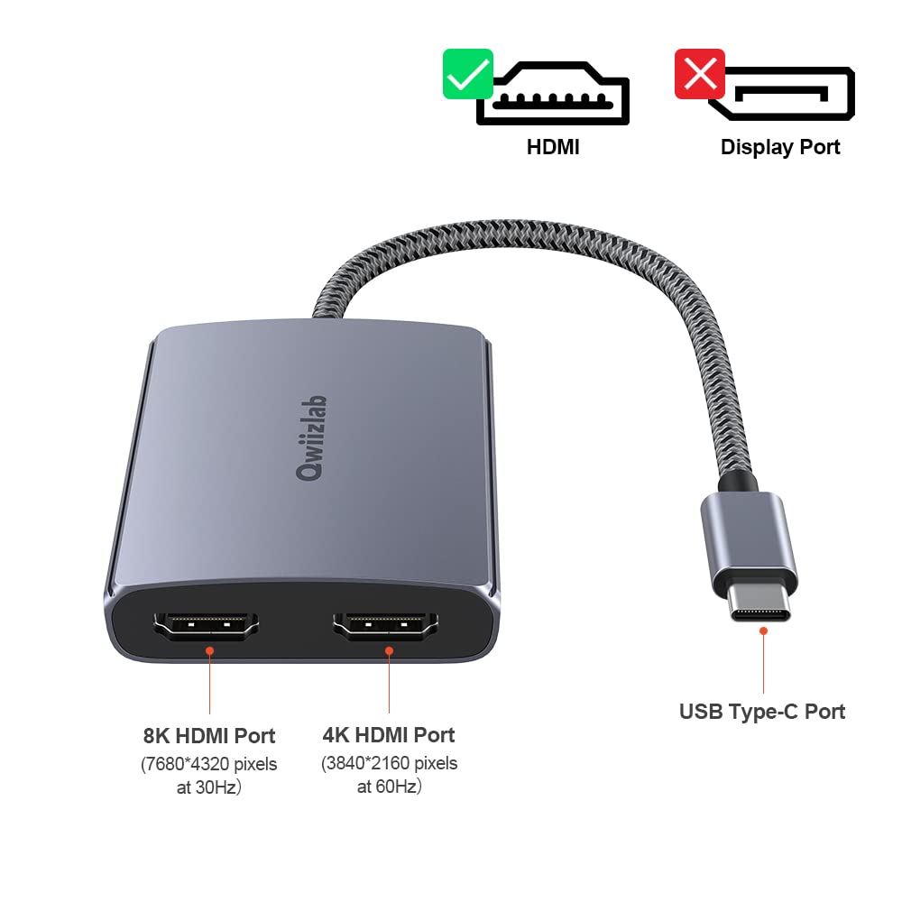 Qwiizlab Usb C To Dual Hdmi Adapter For Windows & Mac, Two Monitors Output (1X 8K@30Hz, 1X 4K@60Hz), Supports Displayport Alt Mo