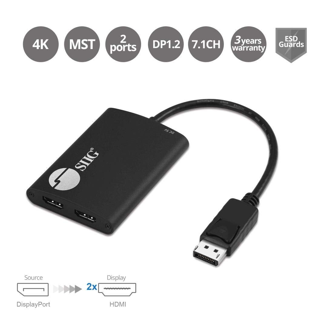 Siig Displayport 1.2 Mst Hub To 2 Port Hdmi Displays   Dp 1.2 To Dual Hdmi Displays, Up To 4K@60Hz, Mirror Mode, Extended Displa
