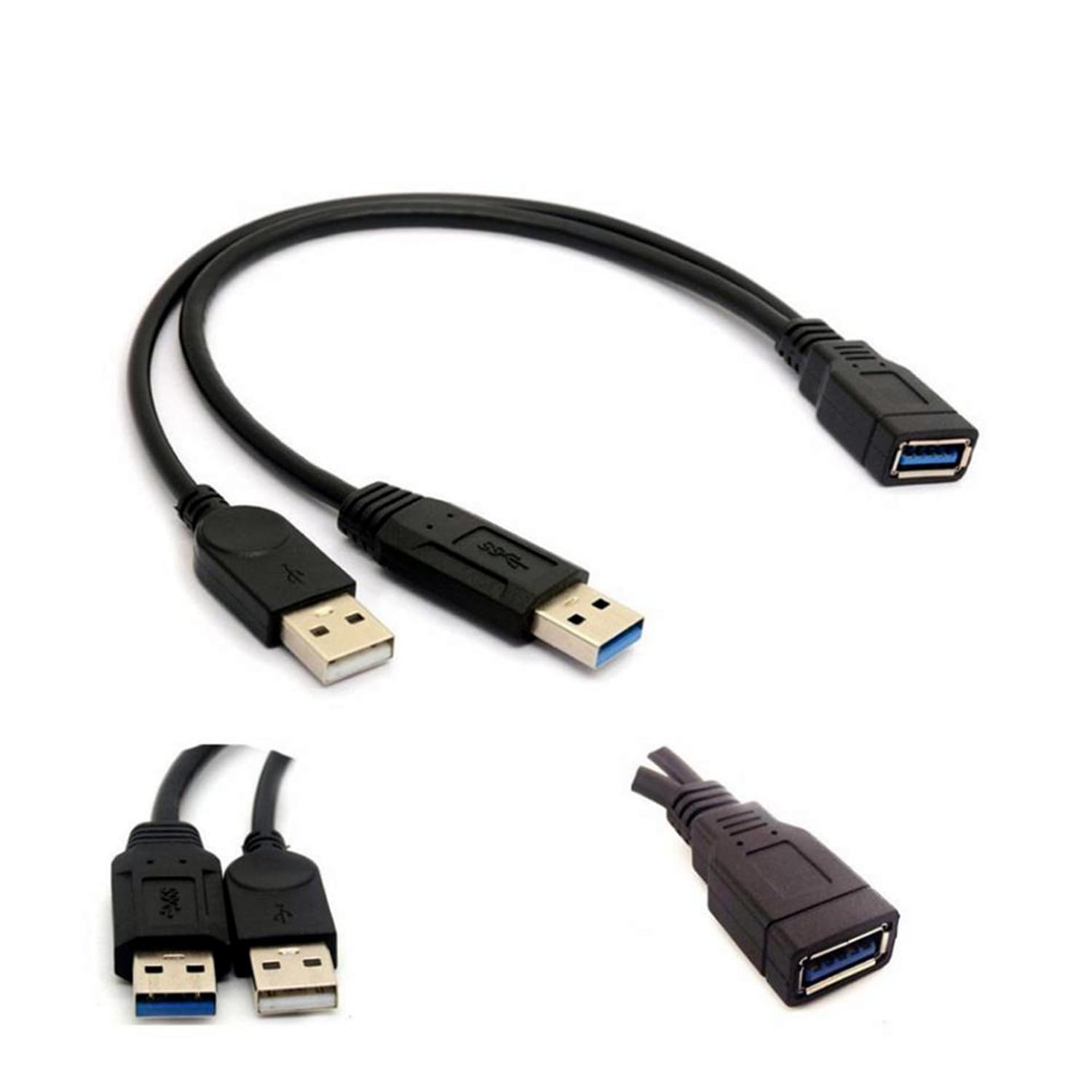 2 Pack Of Alinna Black Usb 3.0 Female To Dual Usb Male Extra Power Data Y Extension Cable Splitter Adapter For 2.5' Mobile Hard Disk