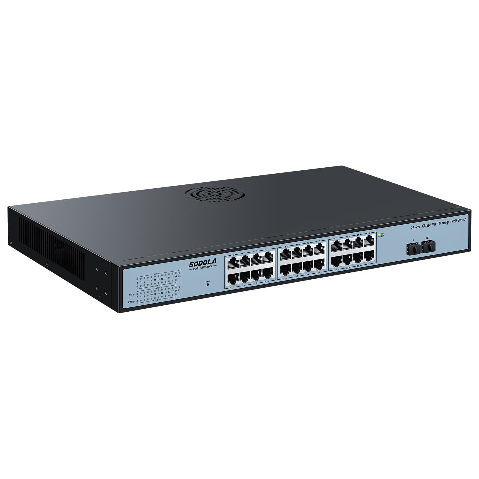 Sodola 24 Port Poe Gigabit Managed Switch 400W,24 Ge Poe Port,2 Ge Uplinks, Ieee802.3Af/At, 19 Inch Rackmount, Static Link Aggre