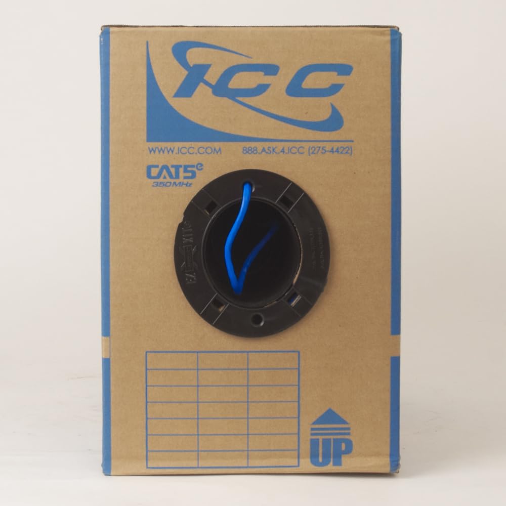ICC Cat5e CMP Plenum 1000ft   UTP 24AWG, 100% Solid Pure Copper, Unshielded, Bulk Ethernet Cable, PoE++, 350MHz, Reelex Pull Box, UL Certified, ETL Verified, RoHS and TAA Compliant, Blue
