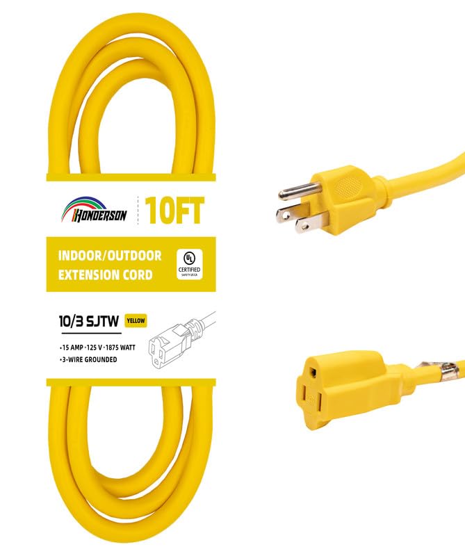 Honderson Indoor Outdoor Extension Cord Weatherproof, Ul Listed, 10 Gauge 10Ft Yellow 3 Prong Heavy Duty, 10/3 Sjtw 15A Power Co