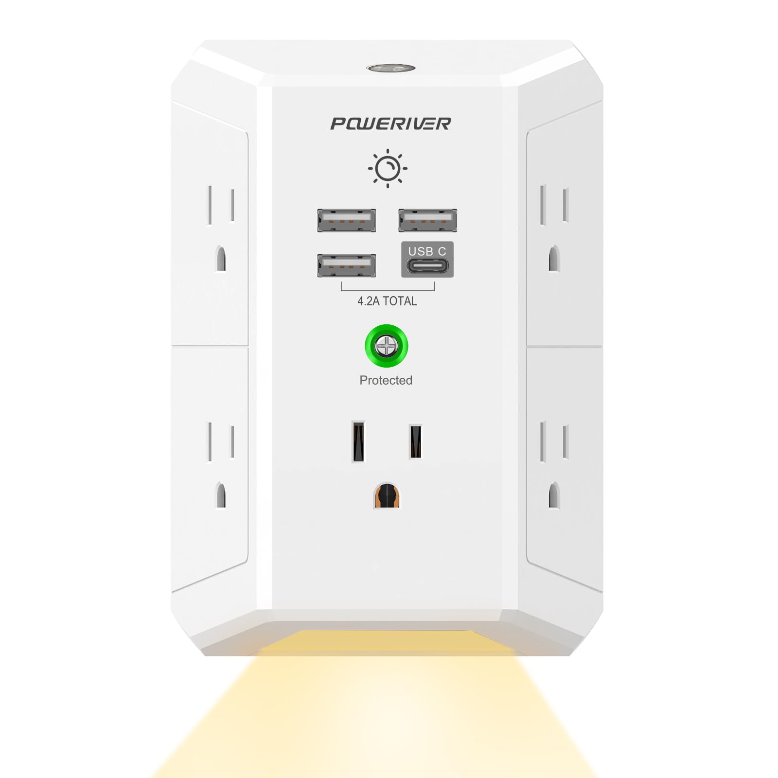 Multi Plug Outlet Surge Protector, Poweriver 5 Outlet Extender With 4 Usb Ports(1Usb C) And Night Light, 3 Sided Outlet Splitter