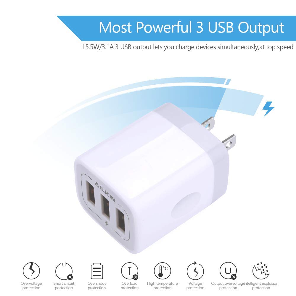 Usbwall Charger Cube Ailkin 3.1A 3 Muti Port Adapter Power Plug Charging Station Box Base For Iphone 14 13 12 Pro Max Mini Se 11