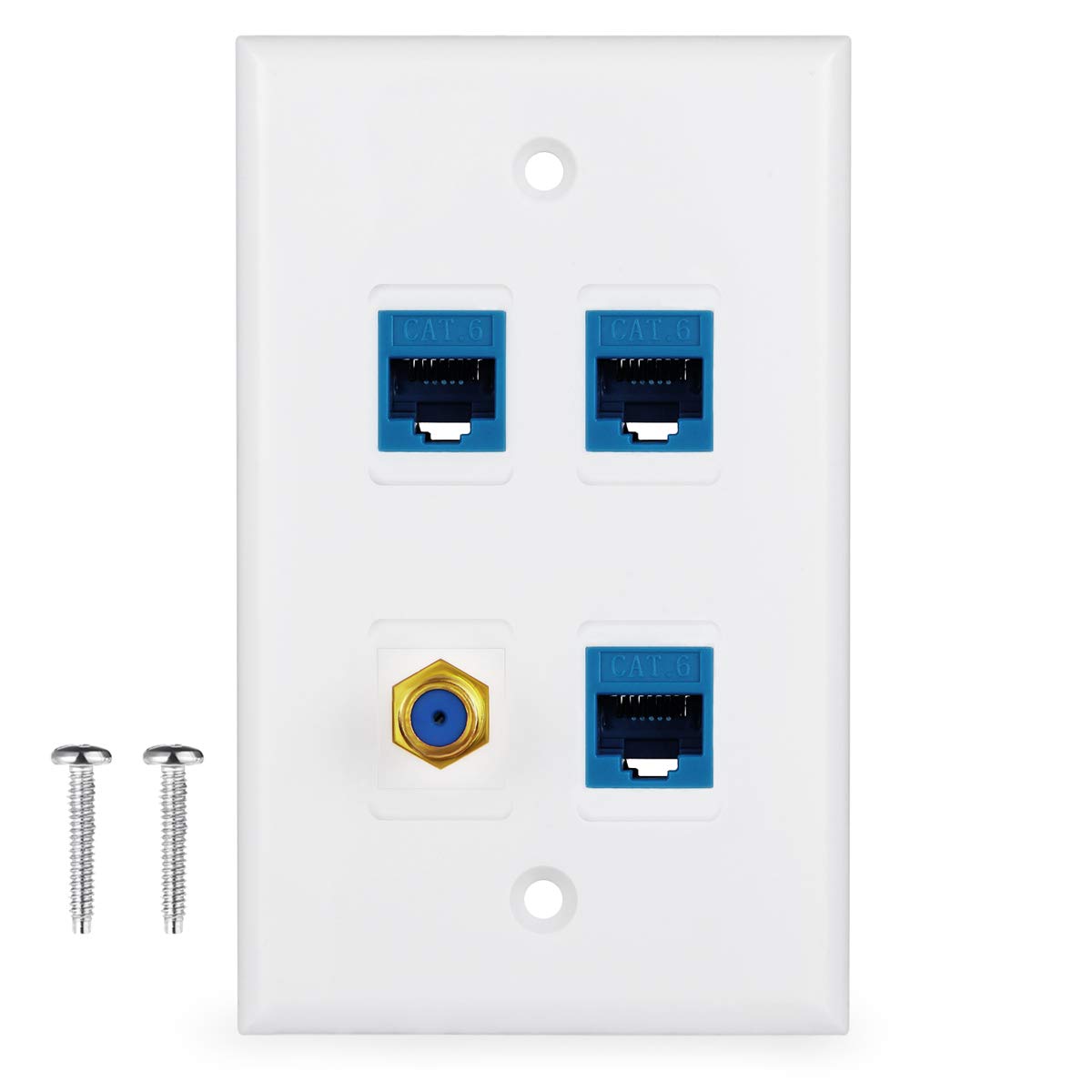 4 Port Wall Plate With Gold Plated Coaxial Tv Cable F Type + 3 Port Cat6 Ethernet Female To Female Jack In White