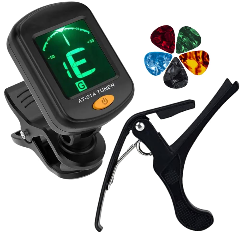 Flare Guitar Capo With Digital Tuner & 5 Picks | AllInOne Guitar Accessory Set | QuickChange Capo, 360 Rotatable Tuner, Multi