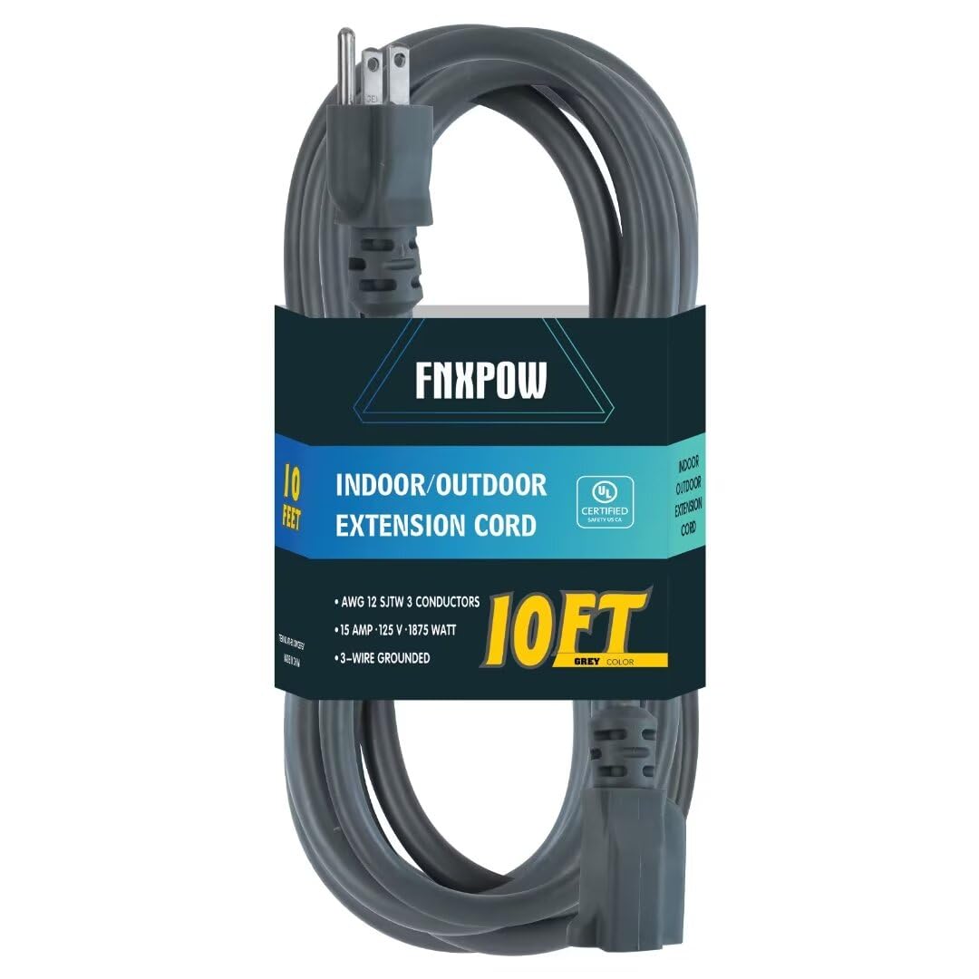 Fnxpow Indoor Outdoor Extension Cord, 12 Gauge 3 Prong Weatherproof Heavy Duty Gray Extension Cords, 12/3 Sjtw 15A 10 Ft Extensi