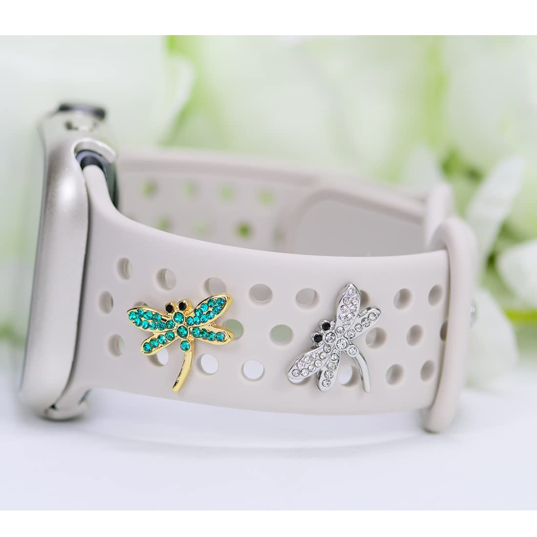 Sunoreek Green Dragonfly Silver Watch Band Charms For Apple , Gold Watch Band Charms For Women, Cute Cartoon Decorative Rings Lo