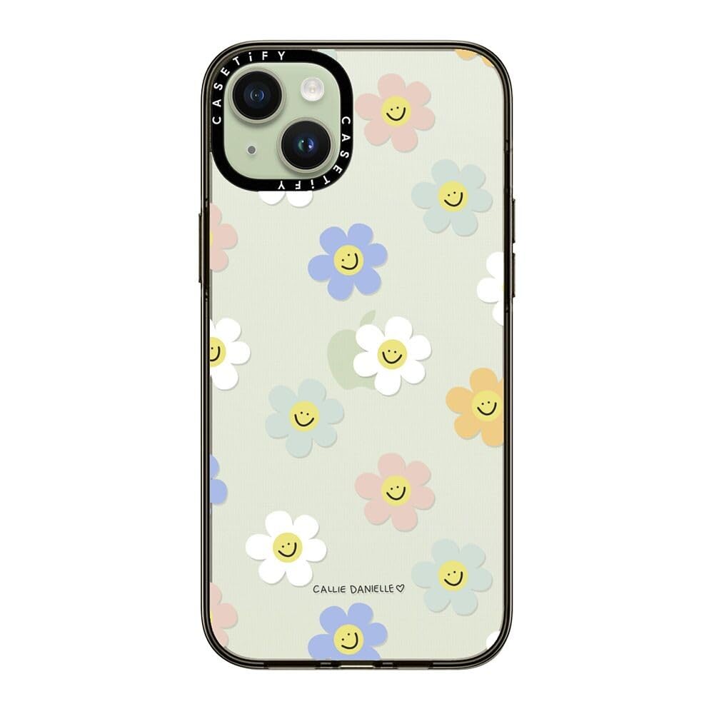 Casetify Compact Case For Iphone 15 [2X Military Grade Drop Tested / 4Ft Drop Protection]   Happy Daisies   Clear Black