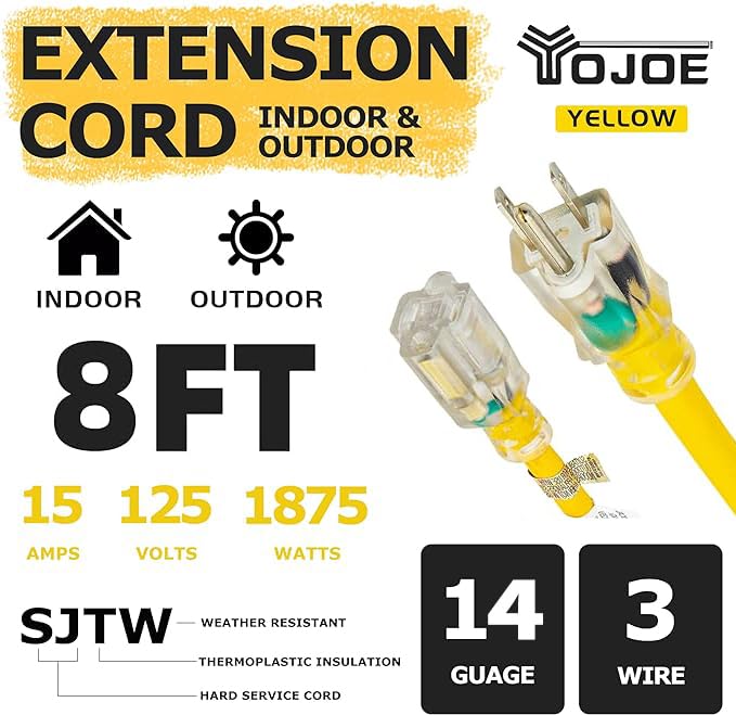 Yojoe Indoor Outdoor Extension Cord With Lighted End, 3 Prong 15A Weatherproof Power Extension Cord, 14 Gauge Heavy Duty 8 Ft Ye
