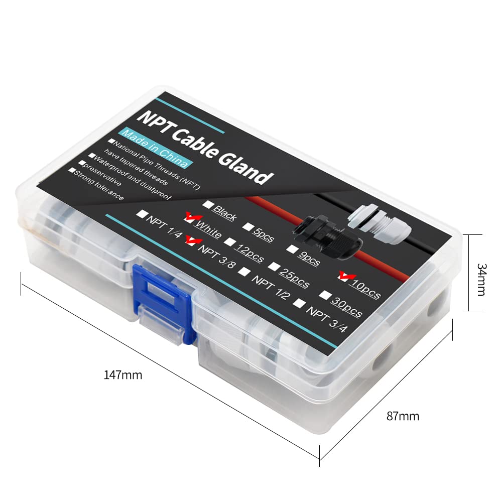 3/8 Cable Glands White Pa66 Connector Ip68 Waterproof Adjustable Cord Grip Strain Relief Connectors Protectors White 10Pcs With