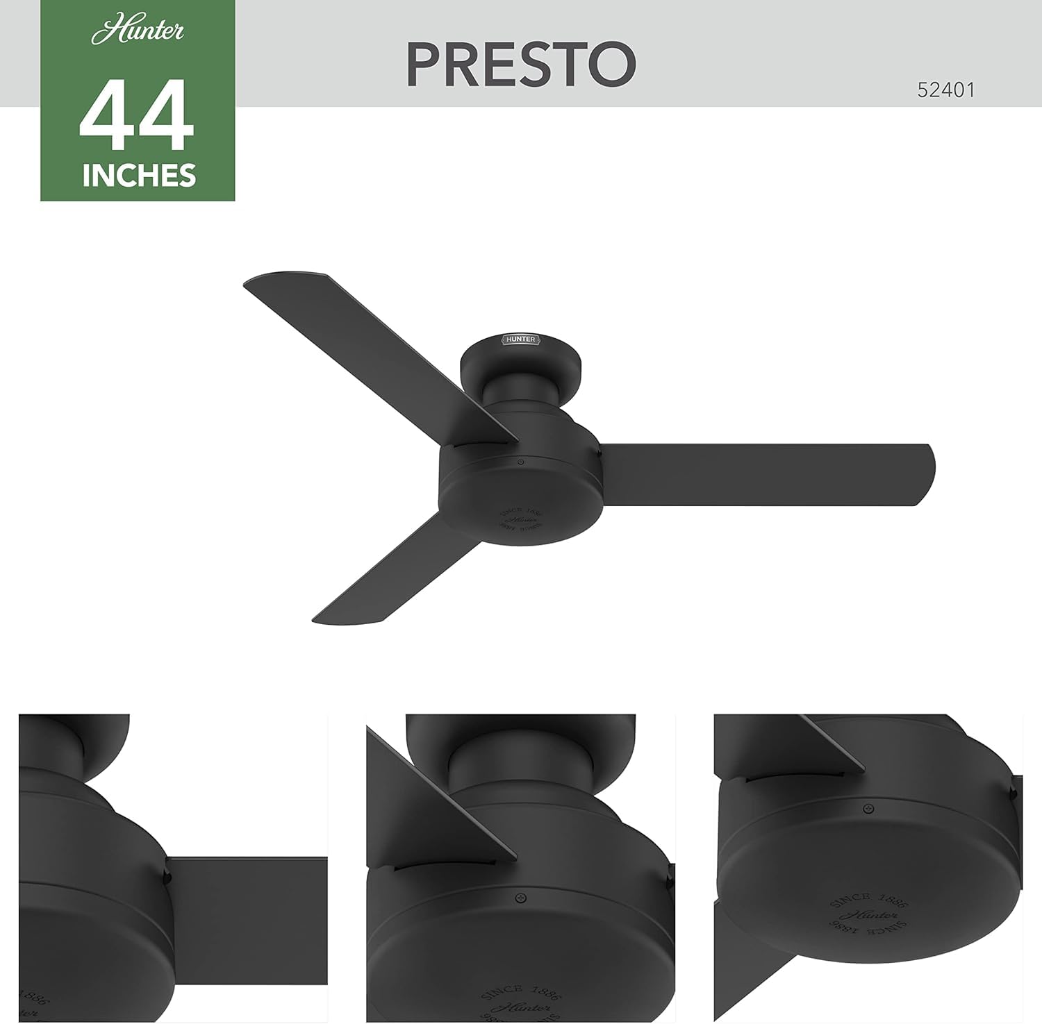 Hunter Fan 52401 Presto 44-Inch Low Profile Ceiling Fan With Wall Control, Whisper-Quiet Motor, 3-Speed Reversible Airflow, Matt