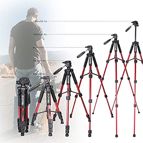 55' Tripod Q111 Travel Camera Tripod With 3 Way Pan Head And Phone Holder Mount For Gopro,Projector,Smartphones Webcam,Spotting Scopesto Live Broadcast And Dslr Eos Canon Nikon Sony Samsung(Red)