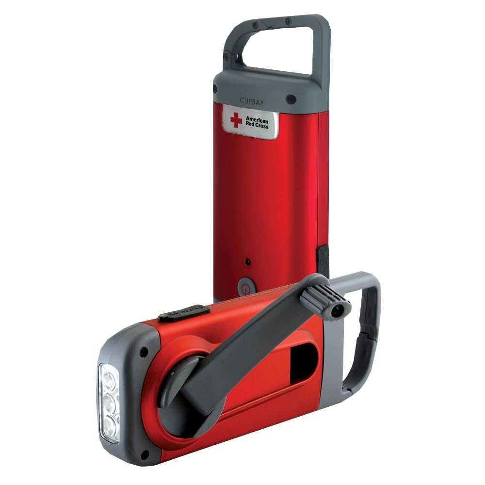 Eton American Red Cross Crank Powered Clipray Clip On Flashlight & Smartphone Charger, Solar Powered, Hand Crank, Cherry Red, Co