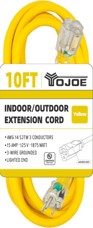 Yojoe Indoor Outdoor Extension Cord With Lighted End, 3 Prong 15A Weatherproof Power Extension Cord, 14 Gauge Heavy Duty 10 Ft Y
