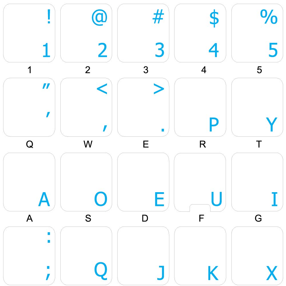 4Keyboard Dvorak Simplified Keyboard Labels Layout With Blue Lettering Transparent Background For Desktop, Laptop And Notebook