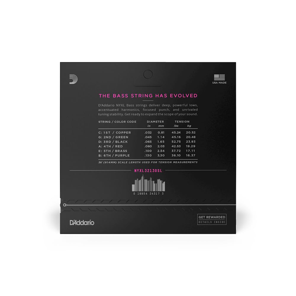D'Addario Bass Guitar Strings   Nyxl Bass Strings   Nyxl32130Sl   Unrivaled Strength, Tuning Stability, Enhanced Response   For