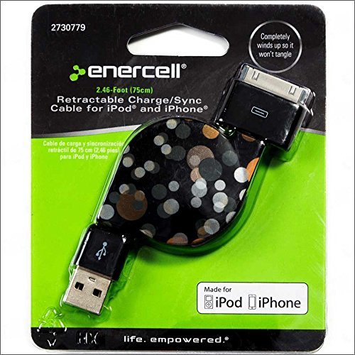Enercell Golden Dot USB Retractable Sync/Charge 2.46 Feet Data Cable USB Charger for 30-Pin iPad 2 3 iPhone 3G 3GS 4 4S iPod Tou