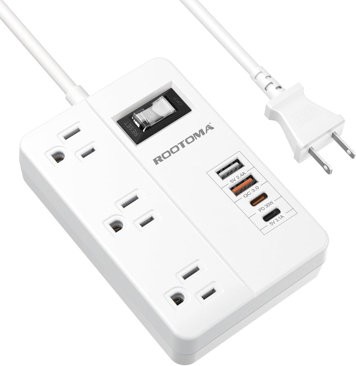 Pd 30W 2 Prong Power Strip With Usb-C, Rootoma 2 Prong To 3 Prong Outlet Adapter With Switch On Off, 3 Outlet & 4 Usb Ports, 3 P
