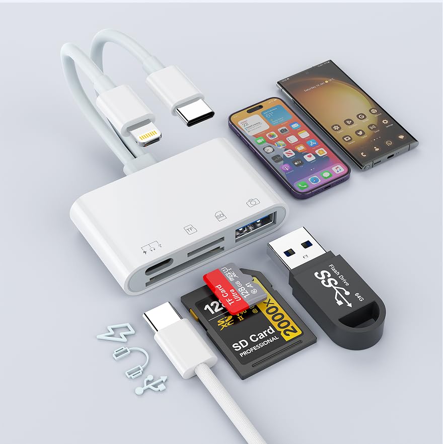 Usb C Lightning Sd Tf Card Reader, 4 In 2 Memory Card Reader For Iphone 15/Ipad/Mac/Laptop, Dual Connector Digital Camera Card A