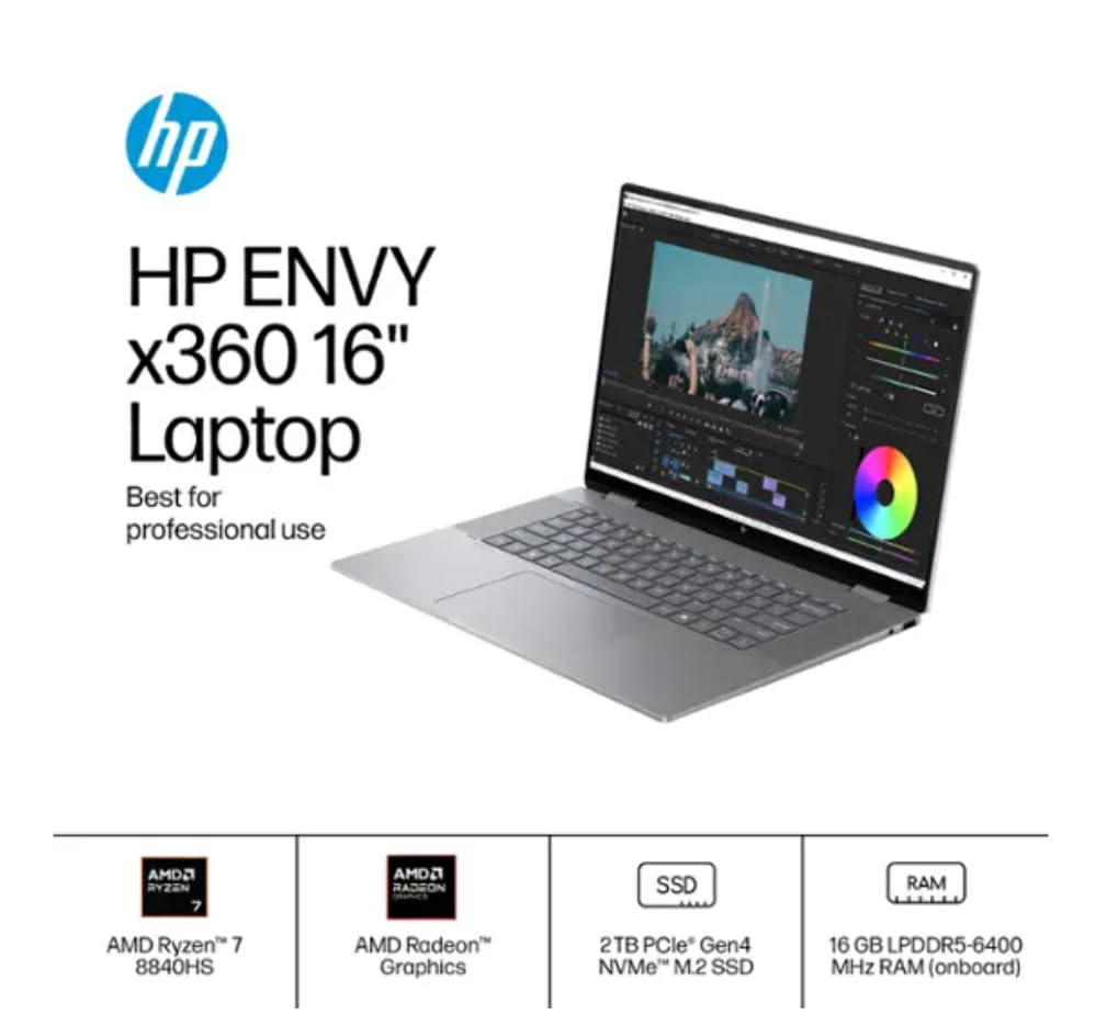 Hp Envy X360 2 In 1 Ai Copilot Laptop, 16'' Wuxga Touchscreen, Amd Ryzen 7 8840Hs (Beats I7 1355U), Backlit, Webcam, Type C, Win