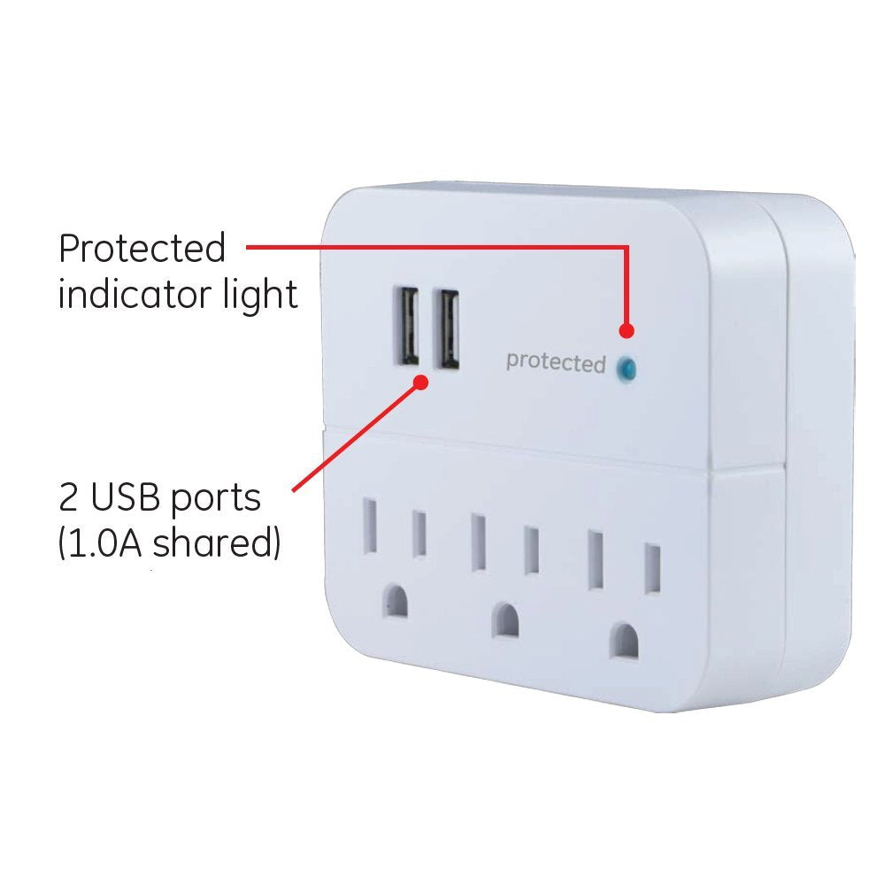 Ge 3 Outlet Extender Surge Protector With 2 Usb Ports, Charging Station, Wall Tap, Protected Indicator Light, 3 Prong, 560 Joule