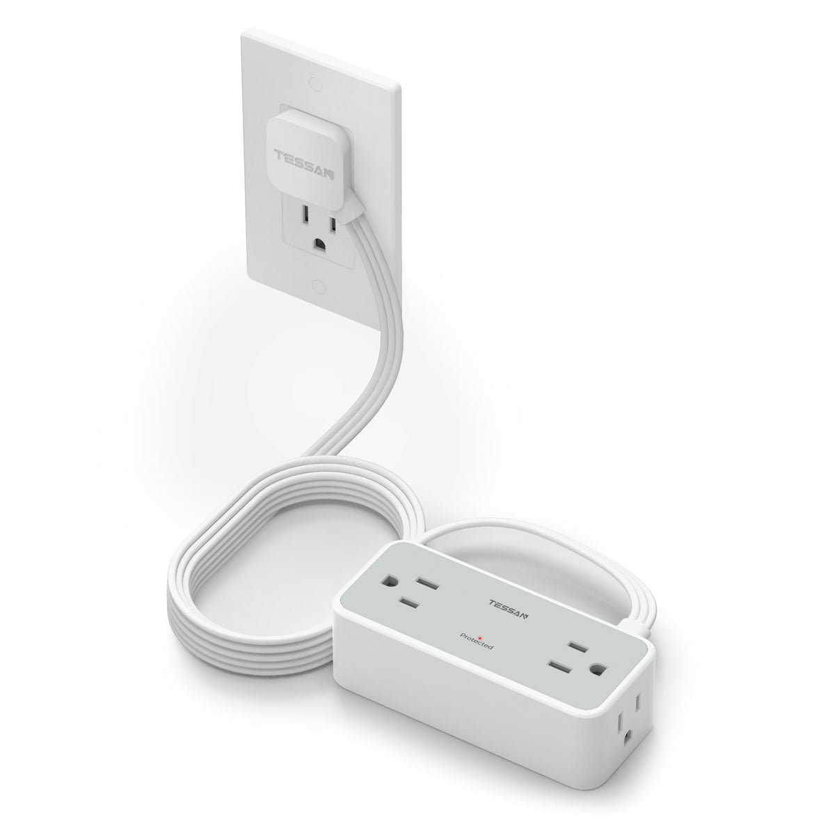 5Ft Flat Extension Cord, Tessan Surge Protector Power Strip With 4 Widely Spaced Ac Outlets, 900 Joules Surge Protection, Ultra-