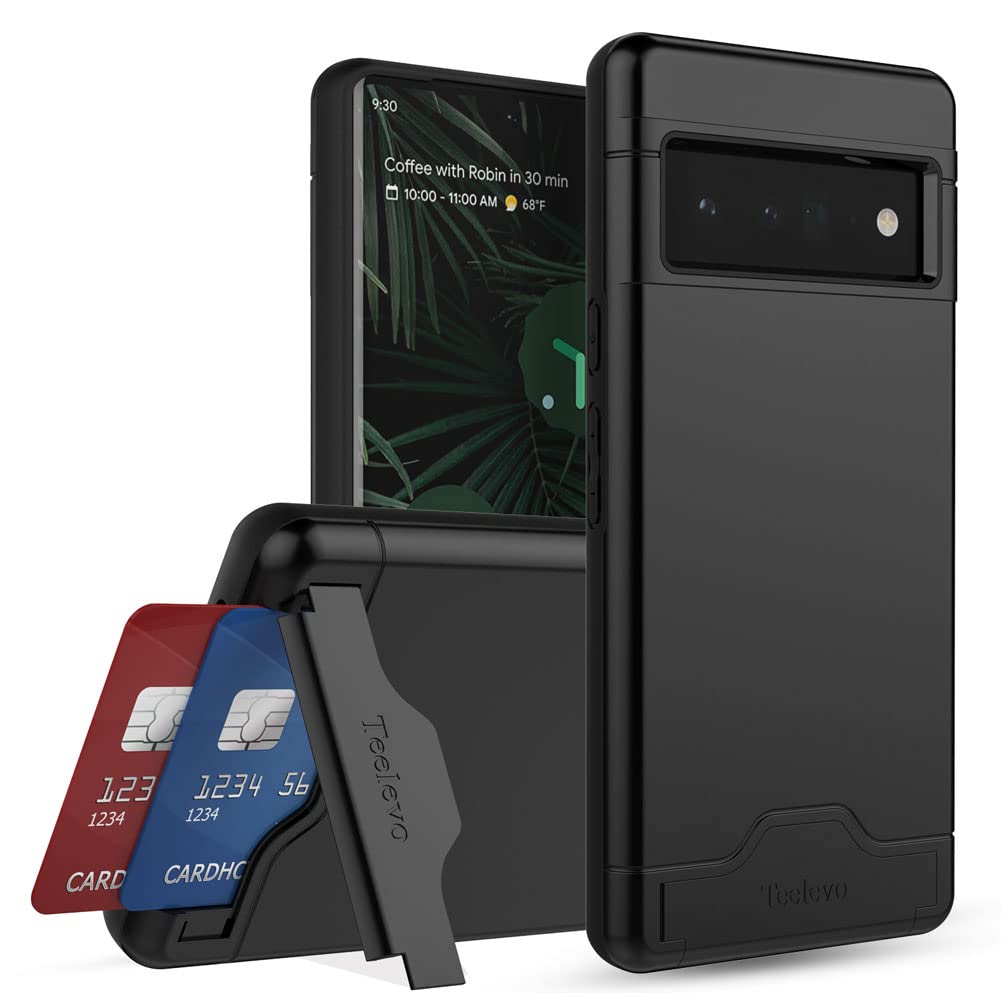 Teelevo Wallet Case For Google Pixel 6 Pro, Dual Layer Case With Card Slot Holder And Kickstand For Google Pixel 6 Pro   Black